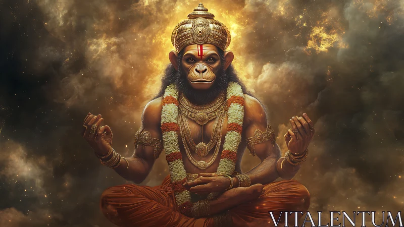 Mythic simian deity in luminous meditative cloudscape digital art.