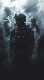 Soldier in tactical gear stands in dense atmospheric smoke