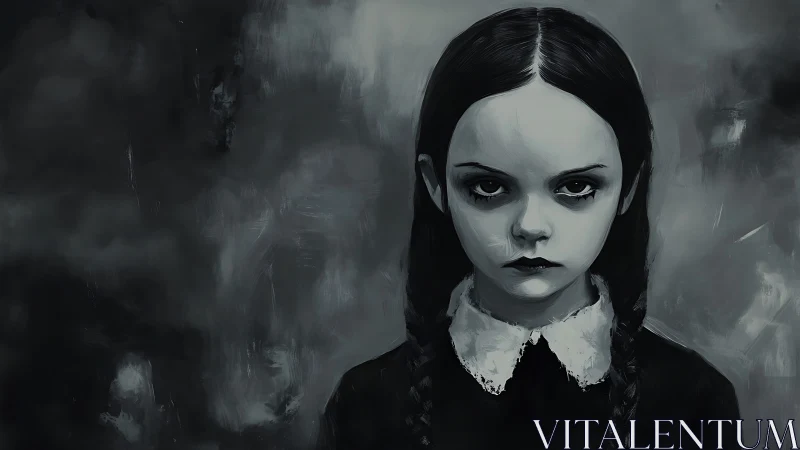 Monochrome gothic portrait of solemn braided girl, soft brushwork.