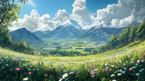 Wildflower valley unfurls beneath storybook summer mountains