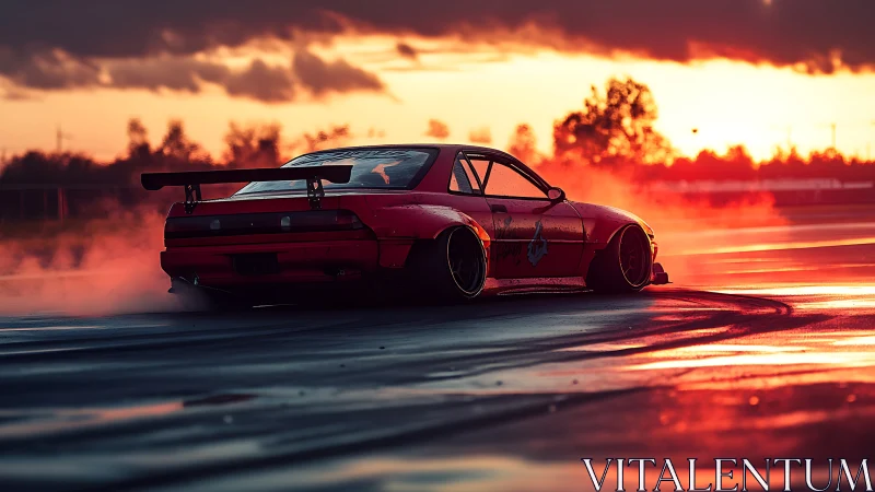 Sunset drift rocket carving molten lines across asphalt.