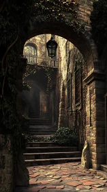 Old stone alley with worn steps and ivy covered walls.