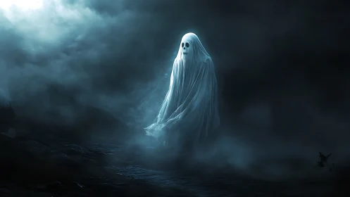 Ghostly figure drifts through misty moonlit ravine at night.