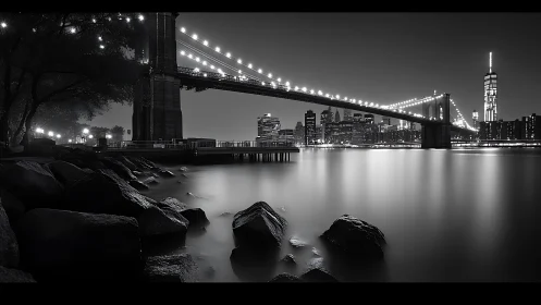 Monochrome night view of suspension bridge and skyline.