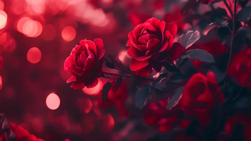 Deep Red Rose Blooms: Luminous Bokeh Depth Field Analysis.