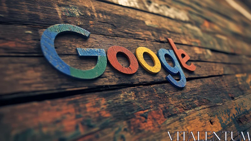 Google logo rests on rustic wooden planks in soft focus.