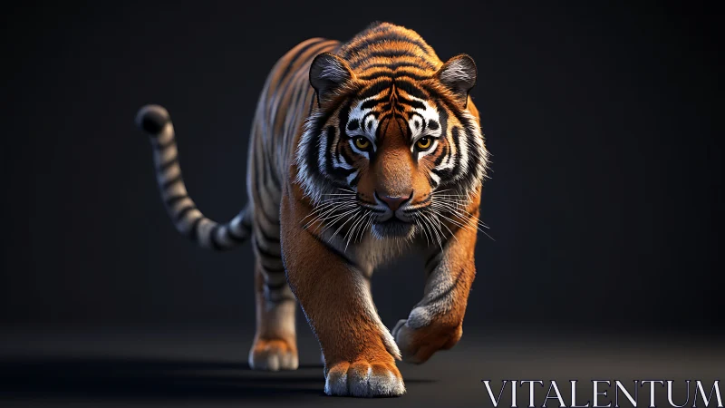 Stalking tiger strides forward under dramatic studio lighting.