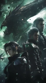 Triad of warriors framed by spectral dragon silhouette.