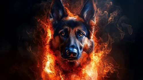 German shepherd face framed by stylized surrounding flames