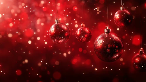 Photorealistic red baubles in festive bokeh suspension.