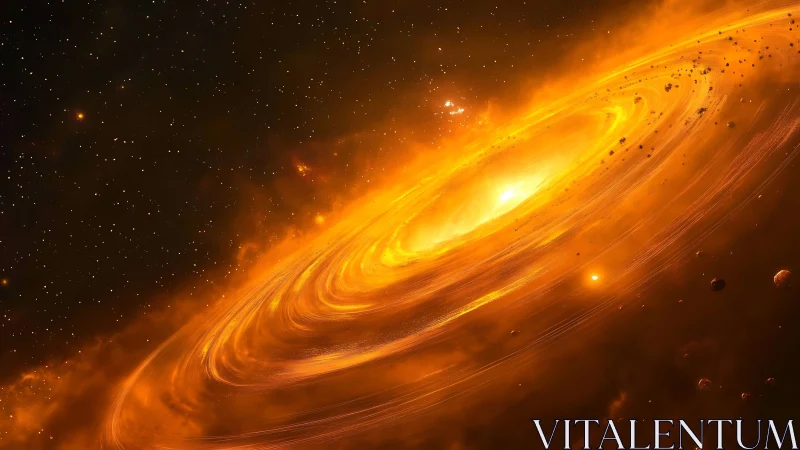 Glowing orange accretion disk in dense stellar starfield.