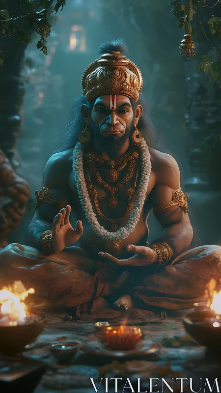 3D-rendered meditative Hanuman figure in ornate temple ambience