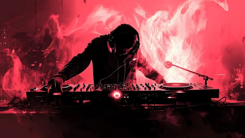 DJ silhouette mixing decks in red neon smoke storm.