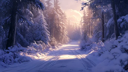 Snow-covered forest path with directional lighting at dawn.