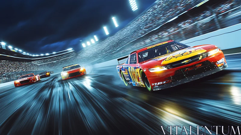 Night motorsport race with multiple stock cars on wet track.