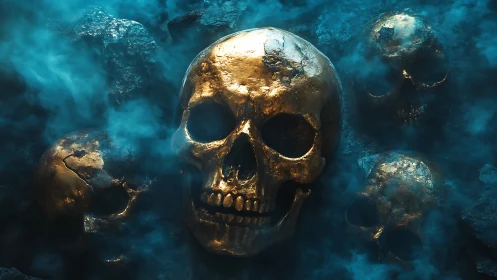 Golden skulls emerge through eerie teal fog in darkness.