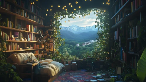 Interior library-bedroom overlooks distant mountain landscape