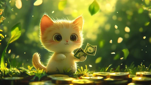 Sunny forest kitten counting its tiny treasure with joy.