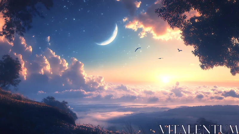 Dreamy dawn sky welcomes a crescent moon and rising sun