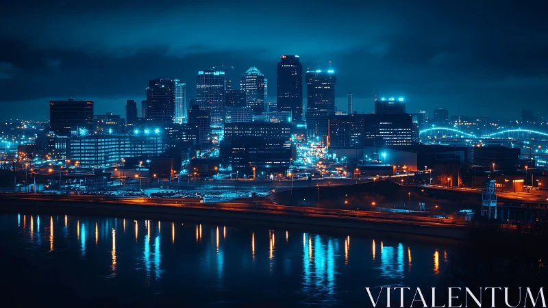 Midnight city skyline glows softly over calm reflective water