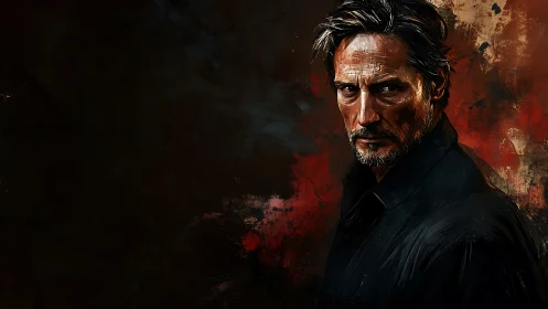 Middle-aged man in dark clothing against abstract backdrop.