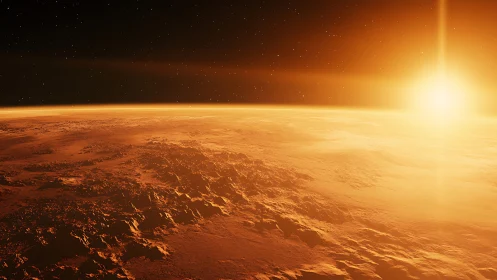 Rendered sunrise over rocky, arid planetary surface