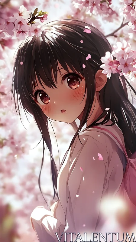 Girl with dark hair among dense pink cherry blossoms.