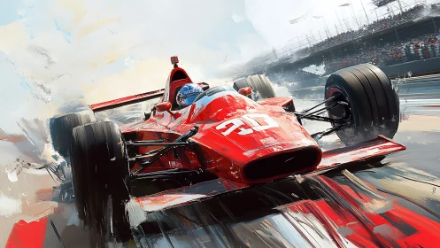 Red formula race car charging forward with dynamic motion blur.