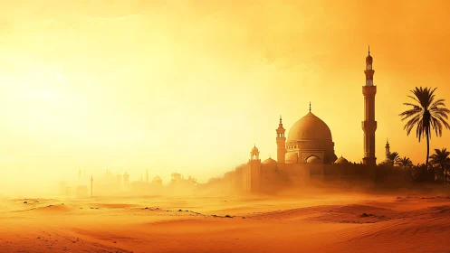Golden desert mosque emerging through sunlit dust haze.