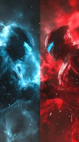 Armored blue and red figures confront each other in profile