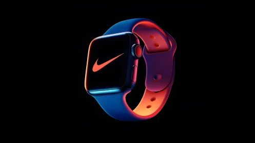 Sleek Nike-Branded Smartwatch in Neon Lighting on Black Background.
