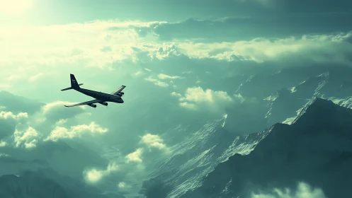Twin‑engine jetliner traversing stratiform clouds over alpine massif.
