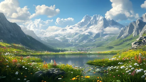Alpine wildflower lake rests below towering snowy peaks.