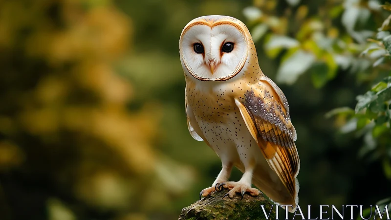Beautiful barn owl perched on branch in natural setting, vivid detail.