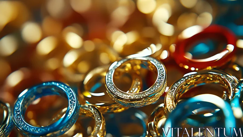 Shimmering jeweled rings in vivid bokeh-lit cascade.