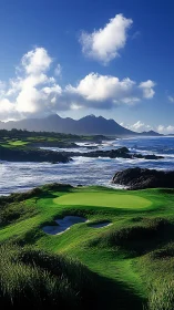 Oceanfront golf green below rugged coastal mountains.