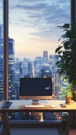 Ergonomic skyline workstation against luminous evening citygrid.