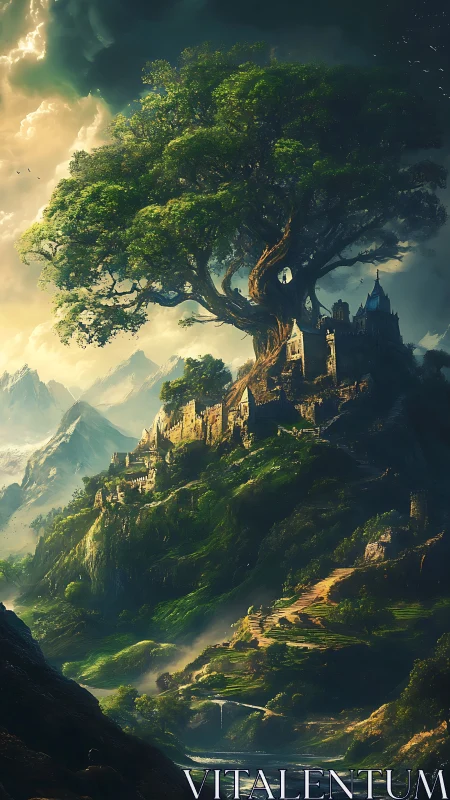 Ancient hilltop city nestles beneath a colossal world tree.