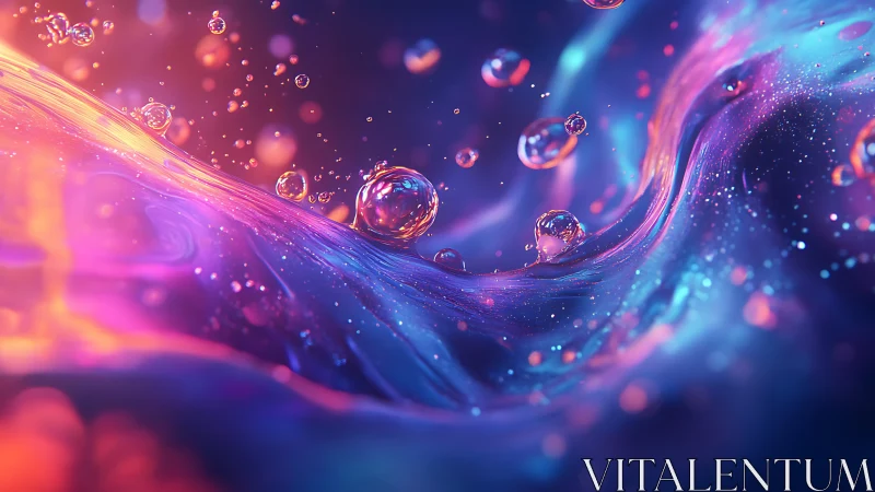 Iridescent liquid wave with suspended droplets in neon bokeh field