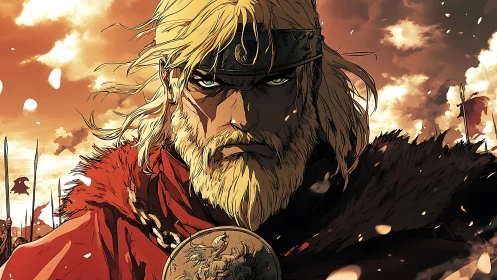 Battle-hardened Viking warrior glares beneath burning skies.