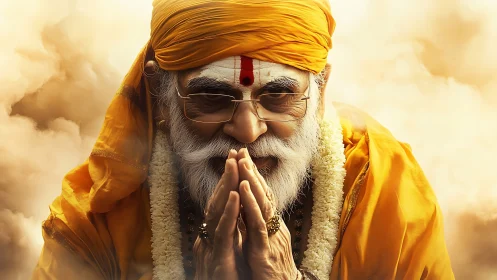 Elderly Hindu guru bows in prayerful namaste amidst light.