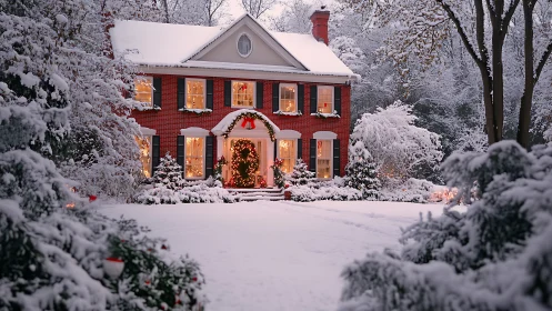 Red brick house glows with warm lights in deep winter snow