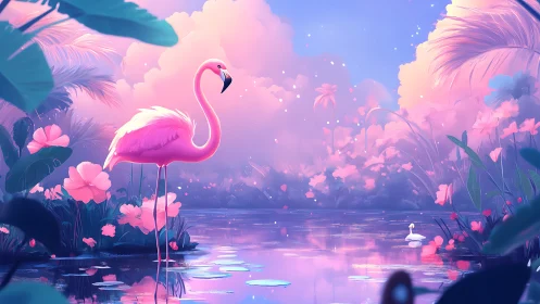 Pink flamingo stands by reflective pond in pastel jungle