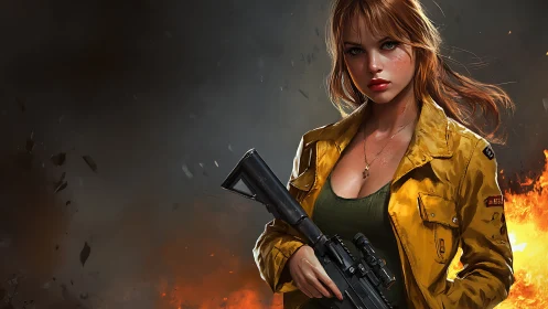 Armed Female Figure in Combat Gear Against Fire