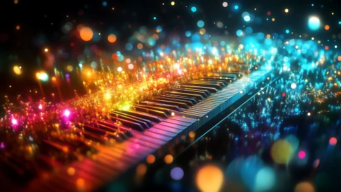 Spectral piano keyboard with luminous bokeh particle field