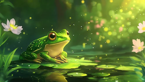 Green tree frog gazes dreamily across a glowing pond.
