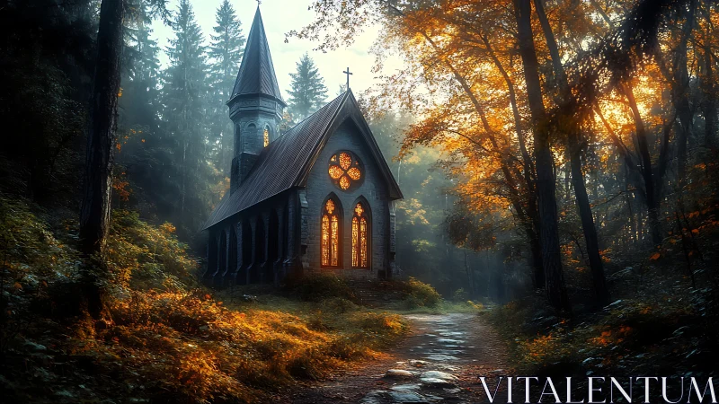 Luminous Forest Chapel with Glowing Gothic Architecture.