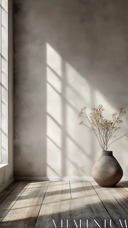 Sunlit ceramic vase casts soft shadows in rustic room.