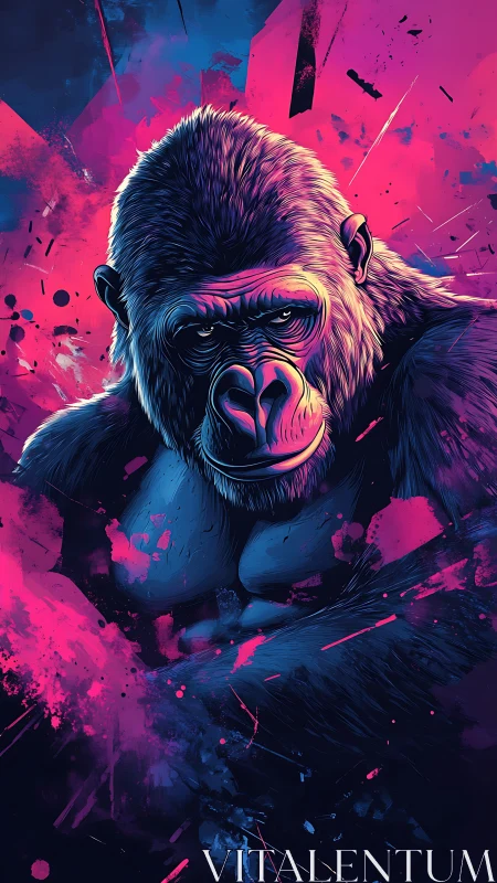 Gorilla portrait in neon magenta and blue digital palette.