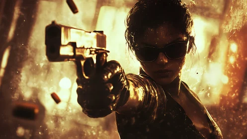 Midnight gunslinger strides through molten city light.